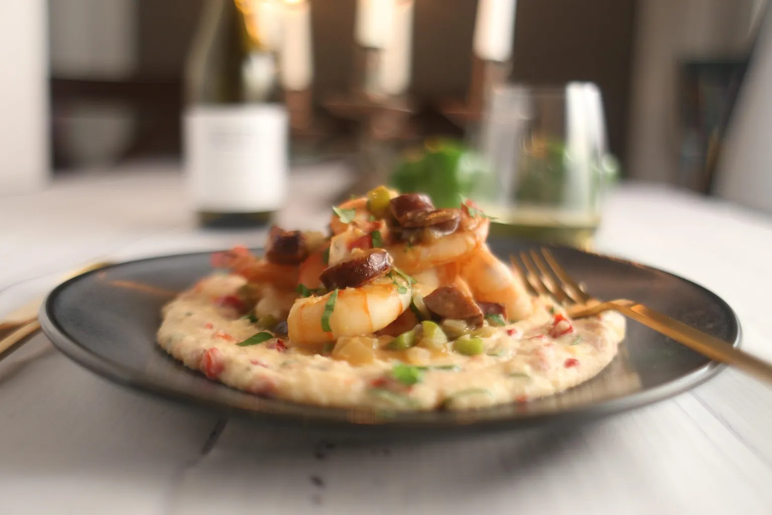 A plate of shrimp and grits on a dining table